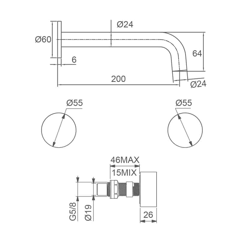 COMO Wall Basin Set with Hot and Cold Handle 200mm Matte Black Tapware Arova