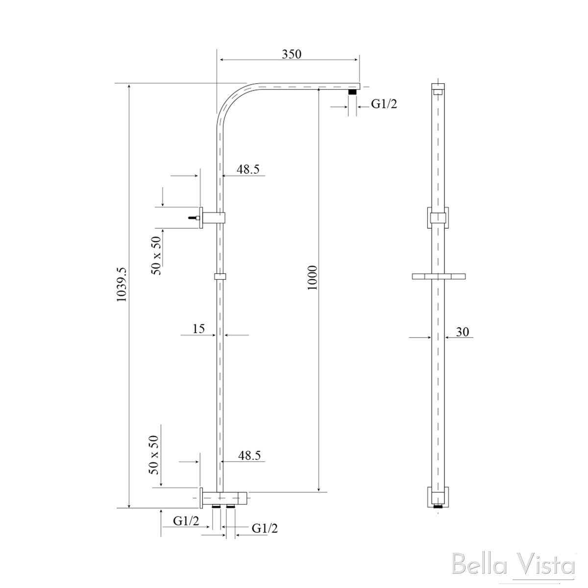 Dual Shower Rail with Rain Fall Head - Square Chrome showers Bella Vista