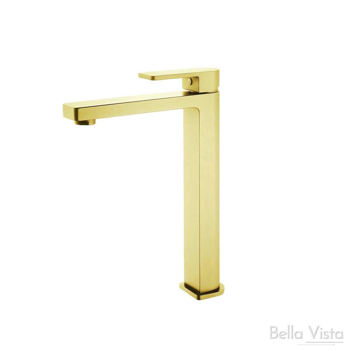 Flores High Rise Basin Mixer Brushed Gold Tapware Bella Vista