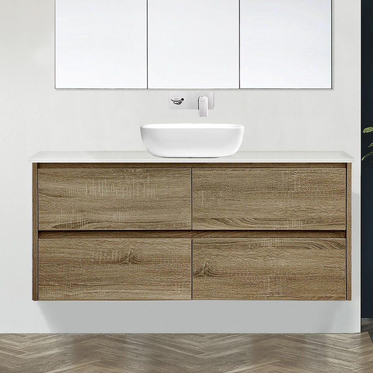 KRIS 150cm Oak Timber Wall Hung Vanity Vanities & Mirrors Arova BLISS Speckled Stone Top 1 x CB1201N-Square Gloss White Basin