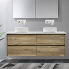 KRIS 150cm Oak Timber Wall Hung Vanity Vanities & Mirrors Arova BLISS Speckled Stone Top 2 x CB1108N-Round Gloss White Basin