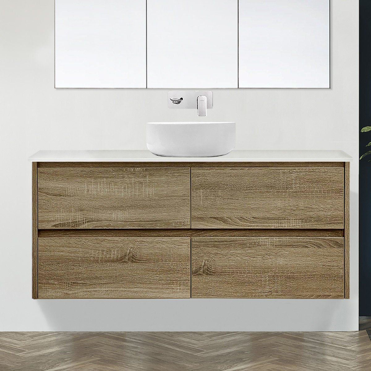 KRIS 150cm Oak Timber Wall Hung Vanity Vanities & Mirrors Arova CARRARA Stone Top 1 x CB1108N-Round Gloss White Basin