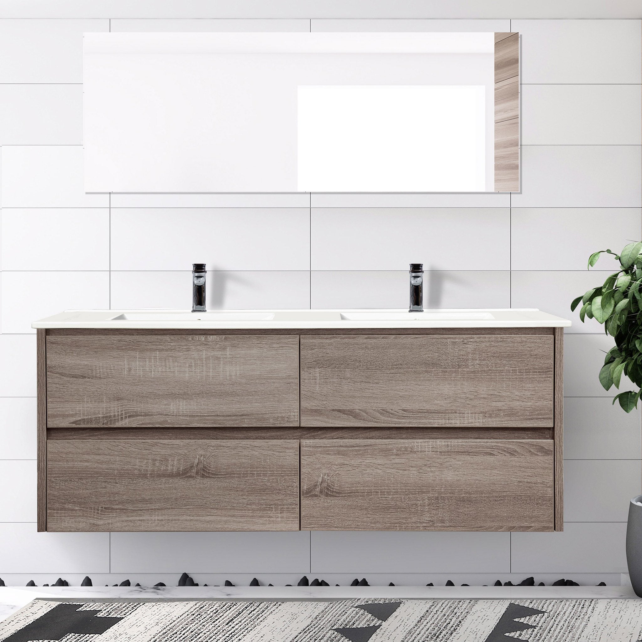 KRIS 150cm Oak Timber Wall Hung Vanity Vanities & Mirrors Arova Ceramic Top with Integrated DOUBLE Basin -