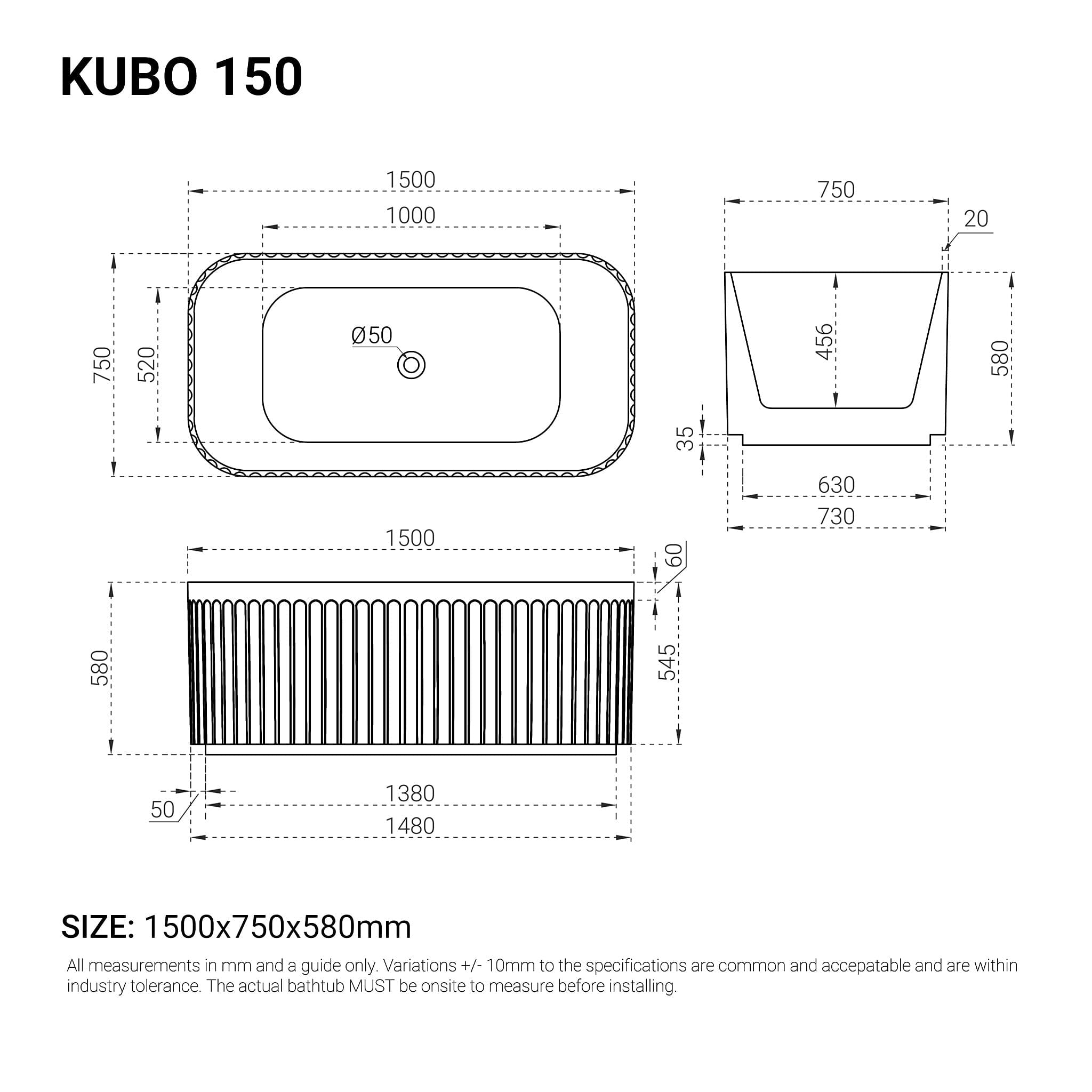 KUBO 1500mm Ribbed Groove Freestanding Bathtub Matte White Baths Arova