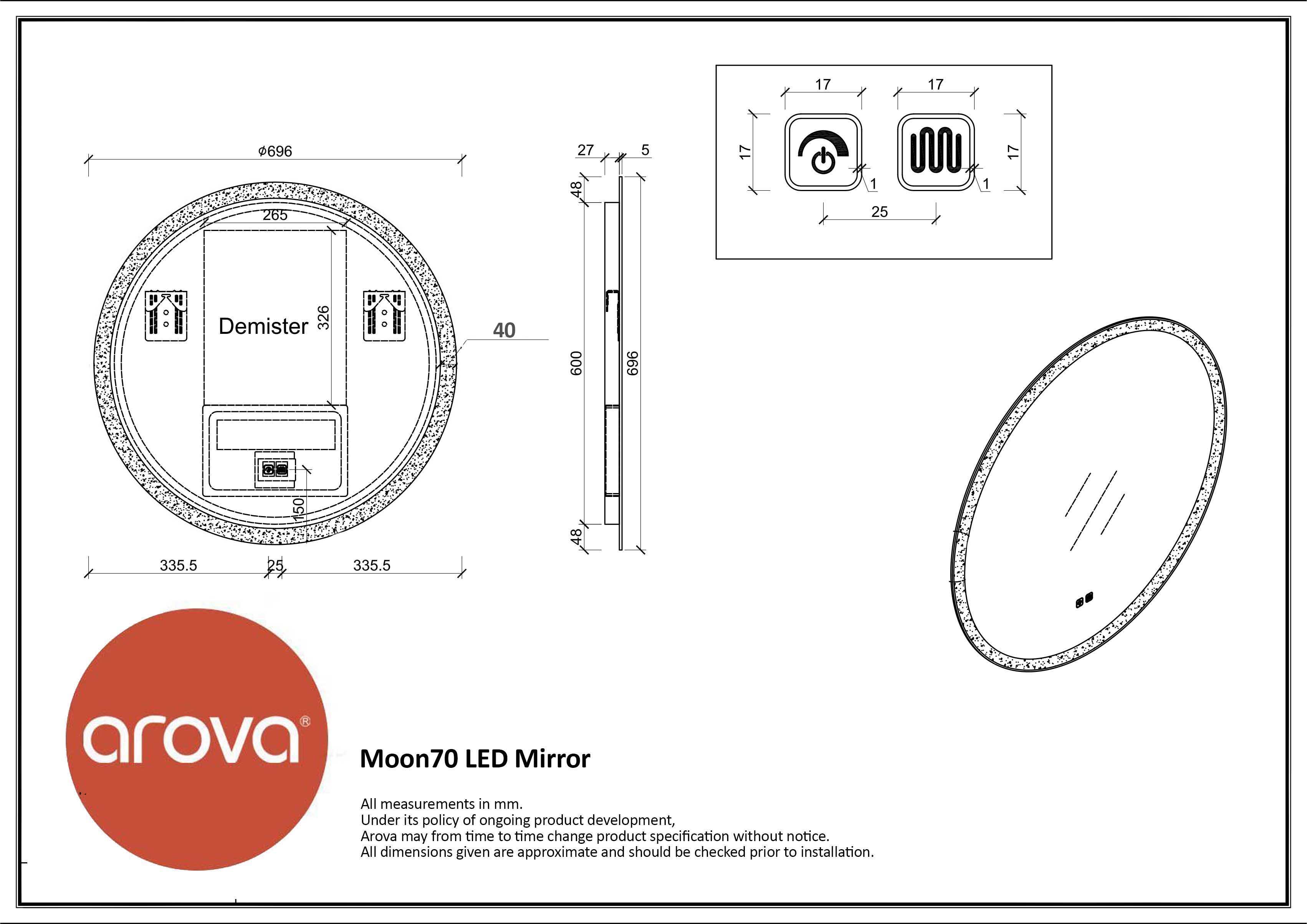 Moon Round Backlit LED Bathroom Mirror 70cm Vanities & Mirrors Arova