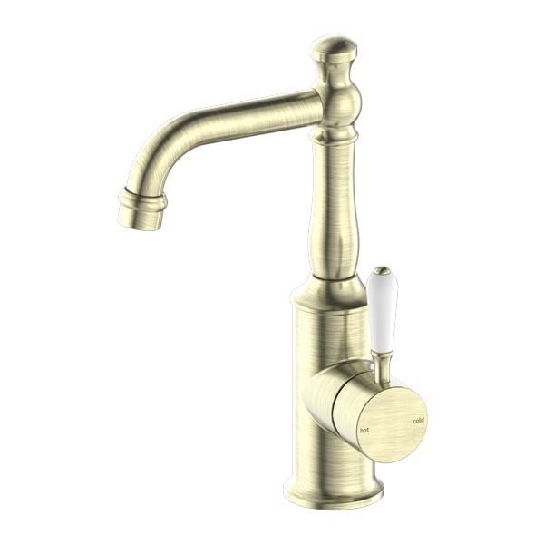 Nero York Basin Mixer Aged Brass Tapware Nero White Porcelain Lever