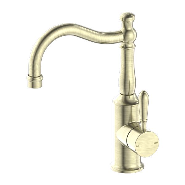 Nero York Basin Mixer Hook Spout Aged Brass Tapware Nero Metal Lever