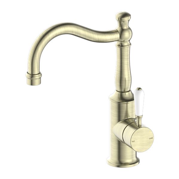 Nero York Basin Mixer Hook Spout Aged Brass Tapware Nero White Porcelain Lever