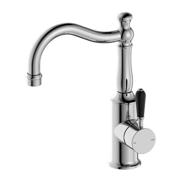 Nero York Basin Mixer Hook Spout Chrome Tapware Nero Black Porcelain Lever