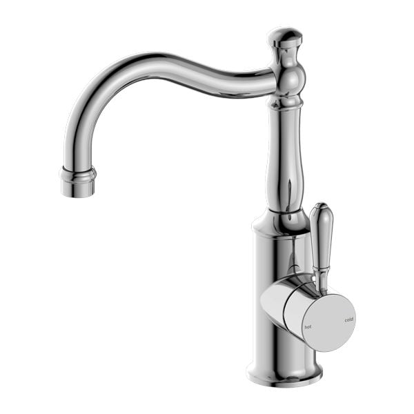 Nero York Basin Mixer Hook Spout Chrome Tapware Nero Metal Lever