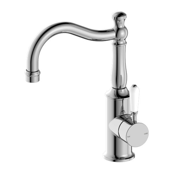 Nero York Basin Mixer Hook Spout Chrome Tapware Nero White Porcelain Lever