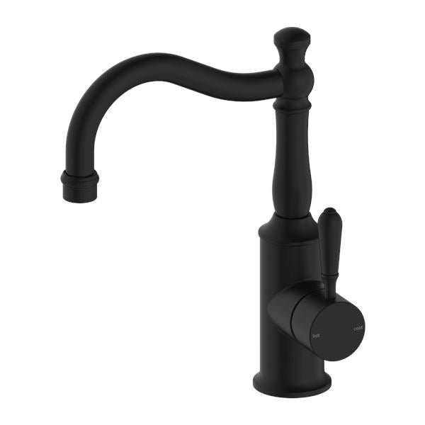 Nero York Basin Mixer Hook Spout Matte Black Tapware Nero Metal Lever