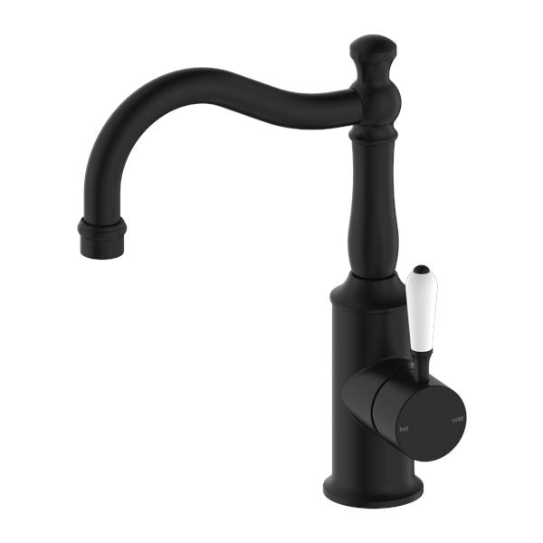 Nero York Basin Mixer Hook Spout Matte Black Tapware Nero White Porcelain Lever