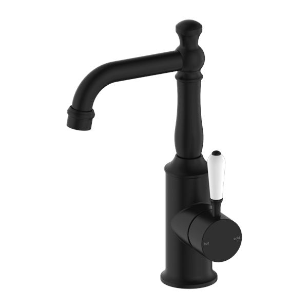 Nero York Basin Mixer Matte Black Tapware Nero White Porcelain Lever