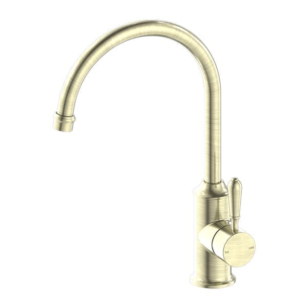 Nero York Kitchen Mixer Goosneck Aged Brass Tapware Nero Metal Lever