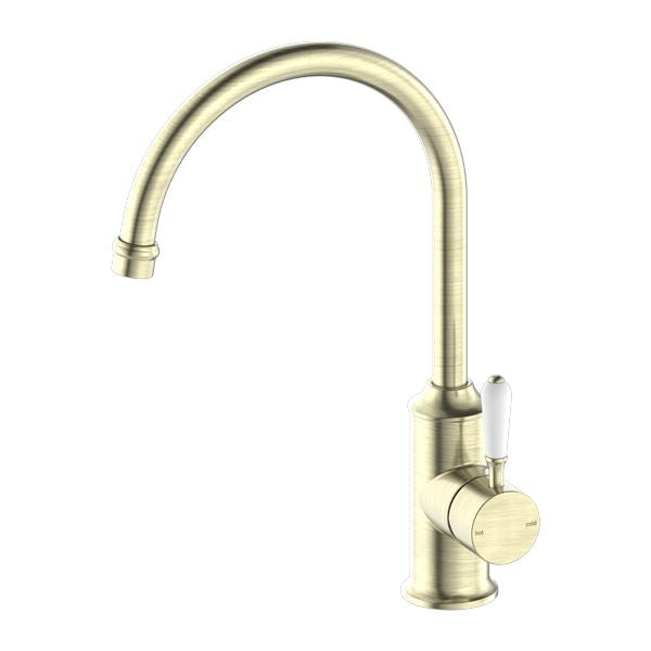 Nero York Kitchen Mixer Goosneck Aged Brass Tapware Nero White Porcelain Lever