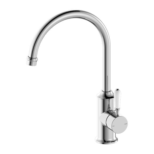 Nero York Kitchen Mixer Goosneck Chrome Tapware Nero White Porcelain Lever