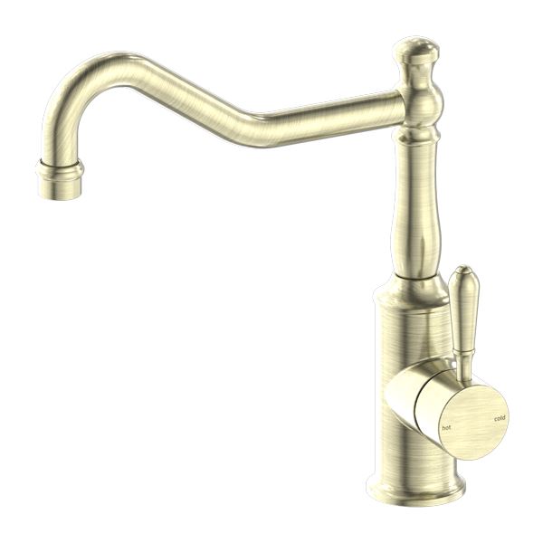 Nero York Kitchen Mixer Hook Spout Aged Brass Tapware Nero Metal Lever