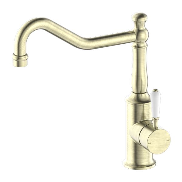 Nero York Kitchen Mixer Hook Spout Aged Brass Tapware Nero White Porcelain Lever