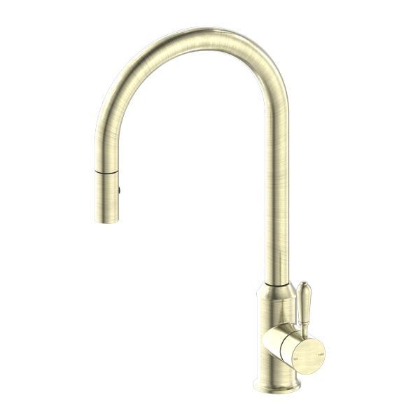 Nero York Pull Out Sink Mixer with Vegie Spray Function Aged Brass Tapware Nero Metal Lever