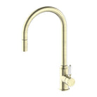 Nero York Pull Out Sink Mixer with Vegie Spray Function Aged Brass Tapware Nero White Porcelain Lever