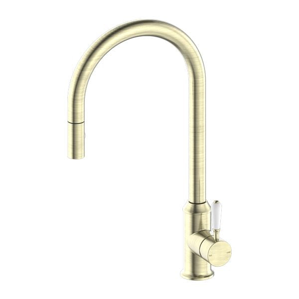 Nero York Pull Out Sink Mixer with Vegie Spray Function Aged Brass Tapware Nero White Porcelain Lever