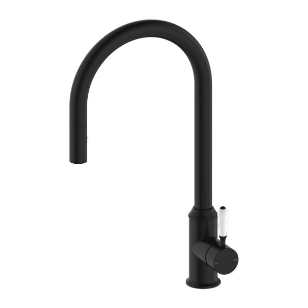 Nero York Pull Out Sink Mixer with Vegie Spray Function Matte Black Tapware Nero White Porcelain Lever