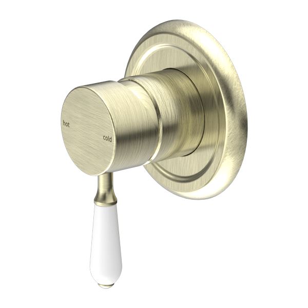 Nero York Shower Mixer Aged Brass Tapware Nero White Porcelain Lever
