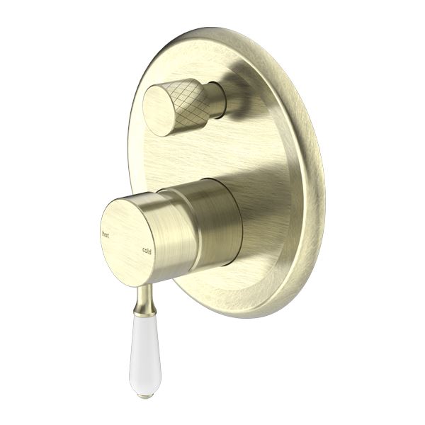 Nero York Shower Mixer with Divertor Aged Brass Tapware Nero White Porcelain Lever