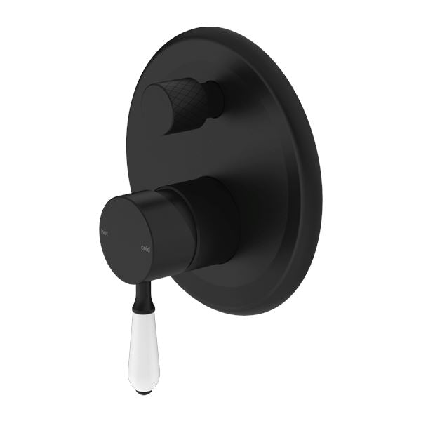 Nero York Shower Mixer with Divertor Matte Black Tapware Nero White Porcelain Lever