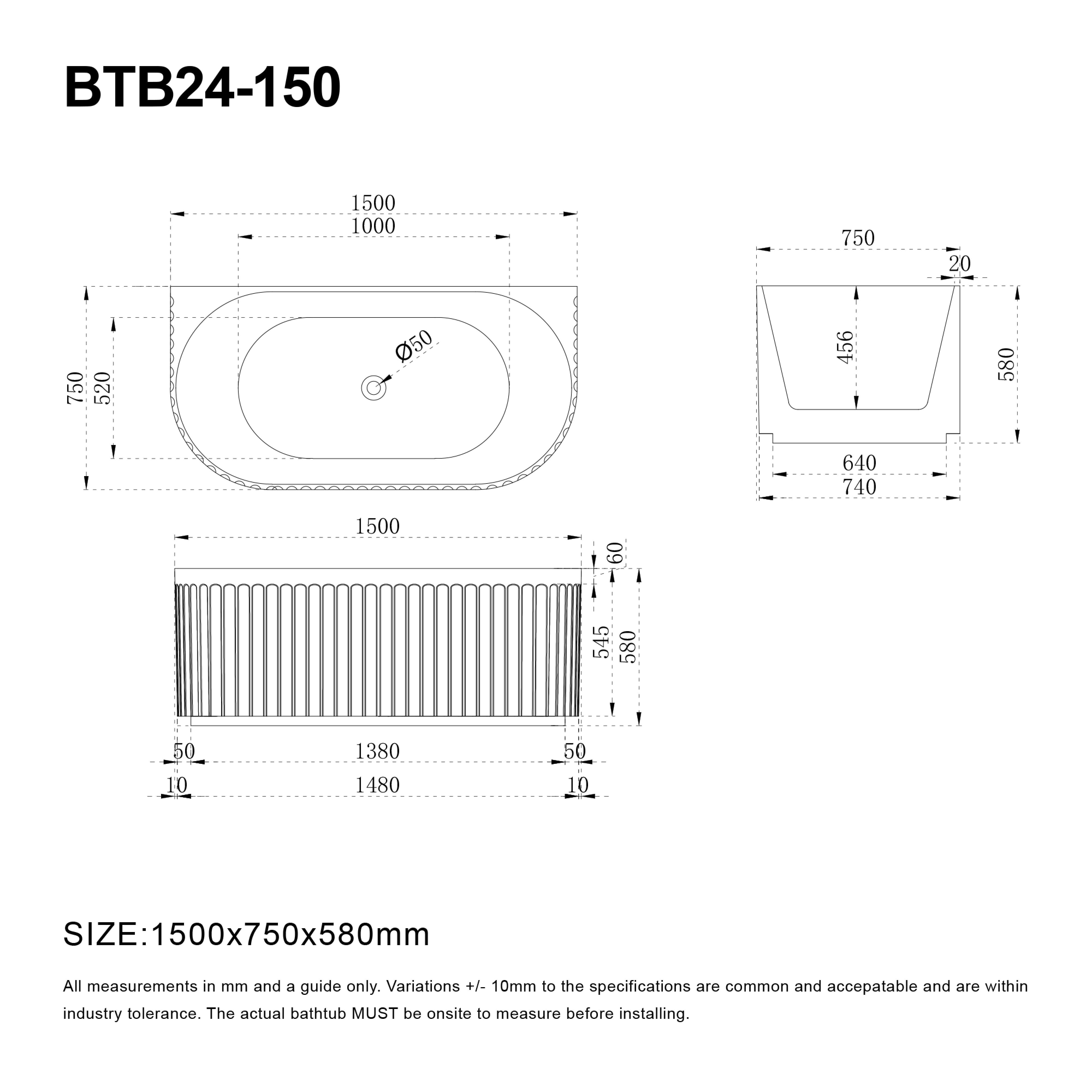 OBI 1500mm Fluted Back to Wall Free Standing Bath Gloss White Baths AROVA