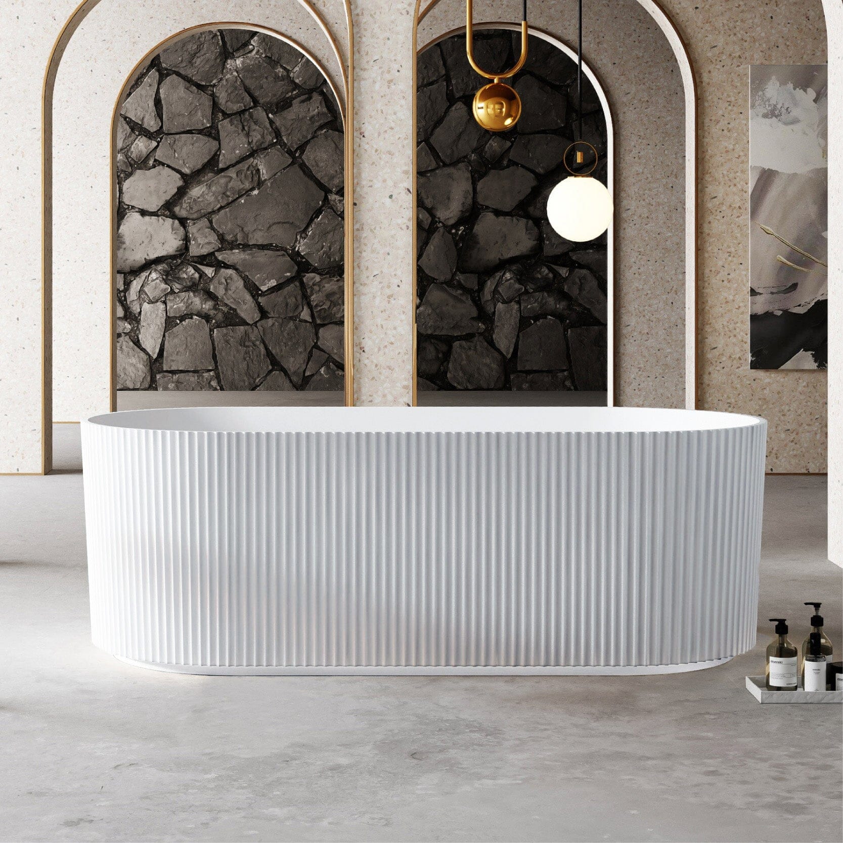 OPAL 1500mm V-Groove Fluted Oval Free Standing Bathtub Gloss White Baths AROVA
