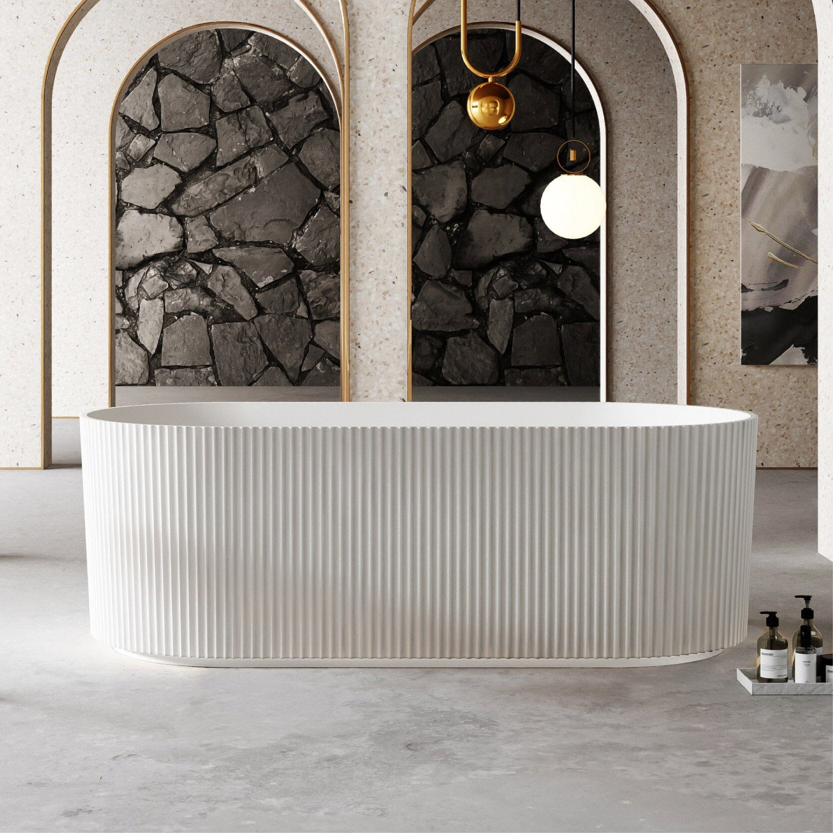 OPAL 1500mm V-Groove Fluted Oval Free Standing Bathtub Matte White Baths AROVA