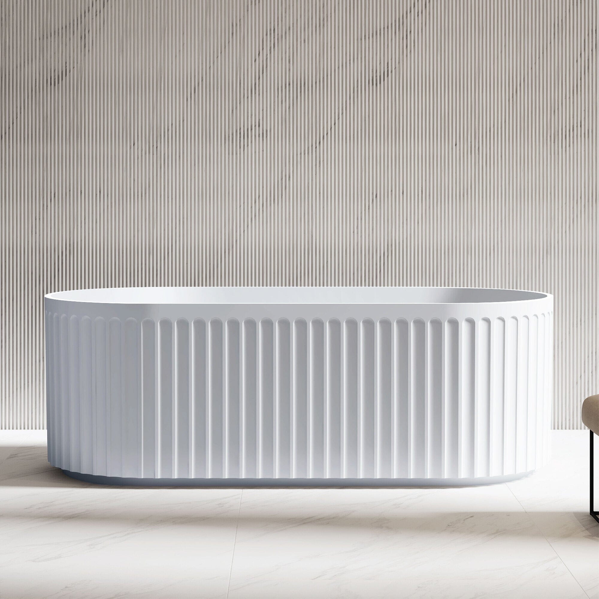 ORI 1500mm V Groove Fluted Freestanding Gloss White Bathtub Baths Arova