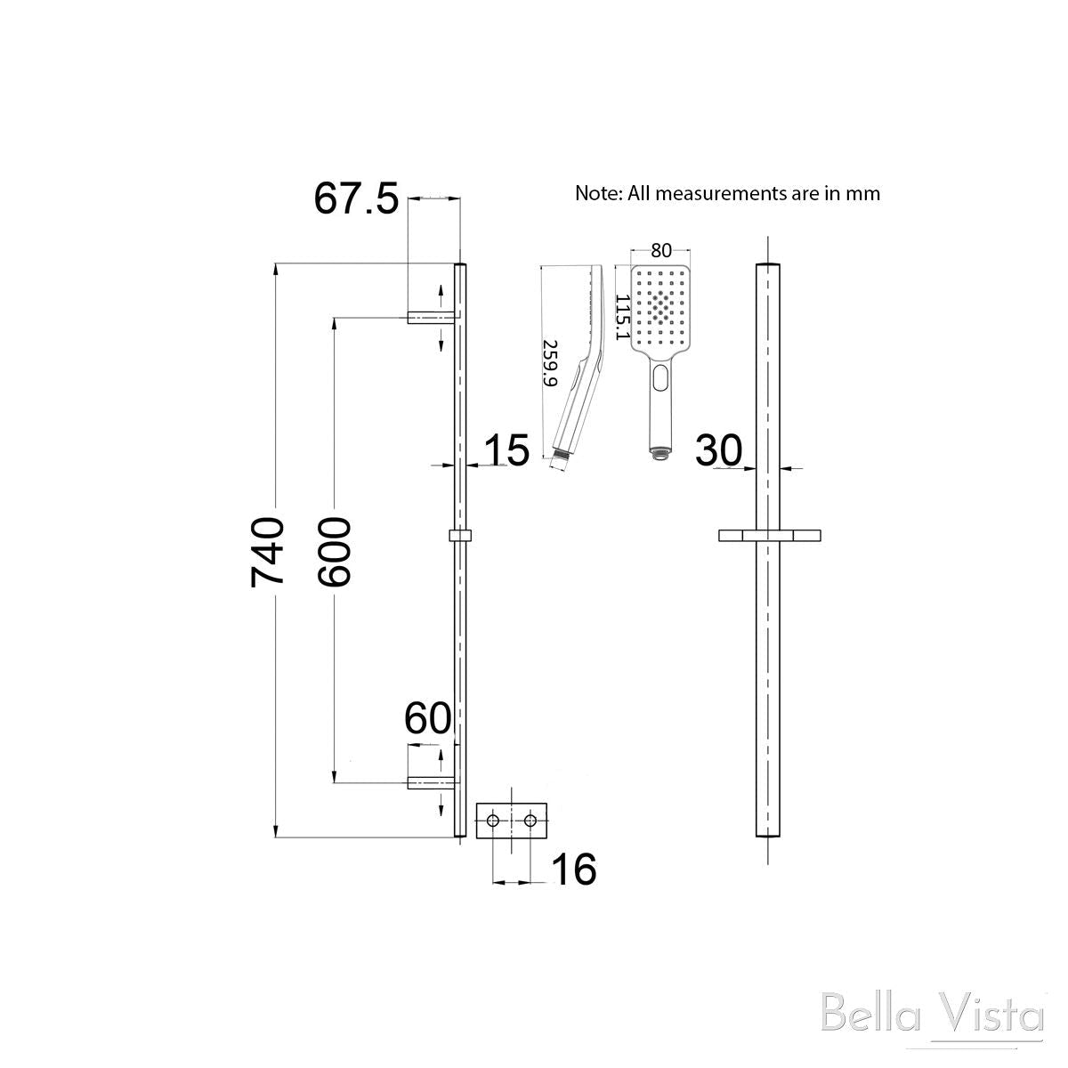 Shower Rail - Square Chrome showers Bella Vista