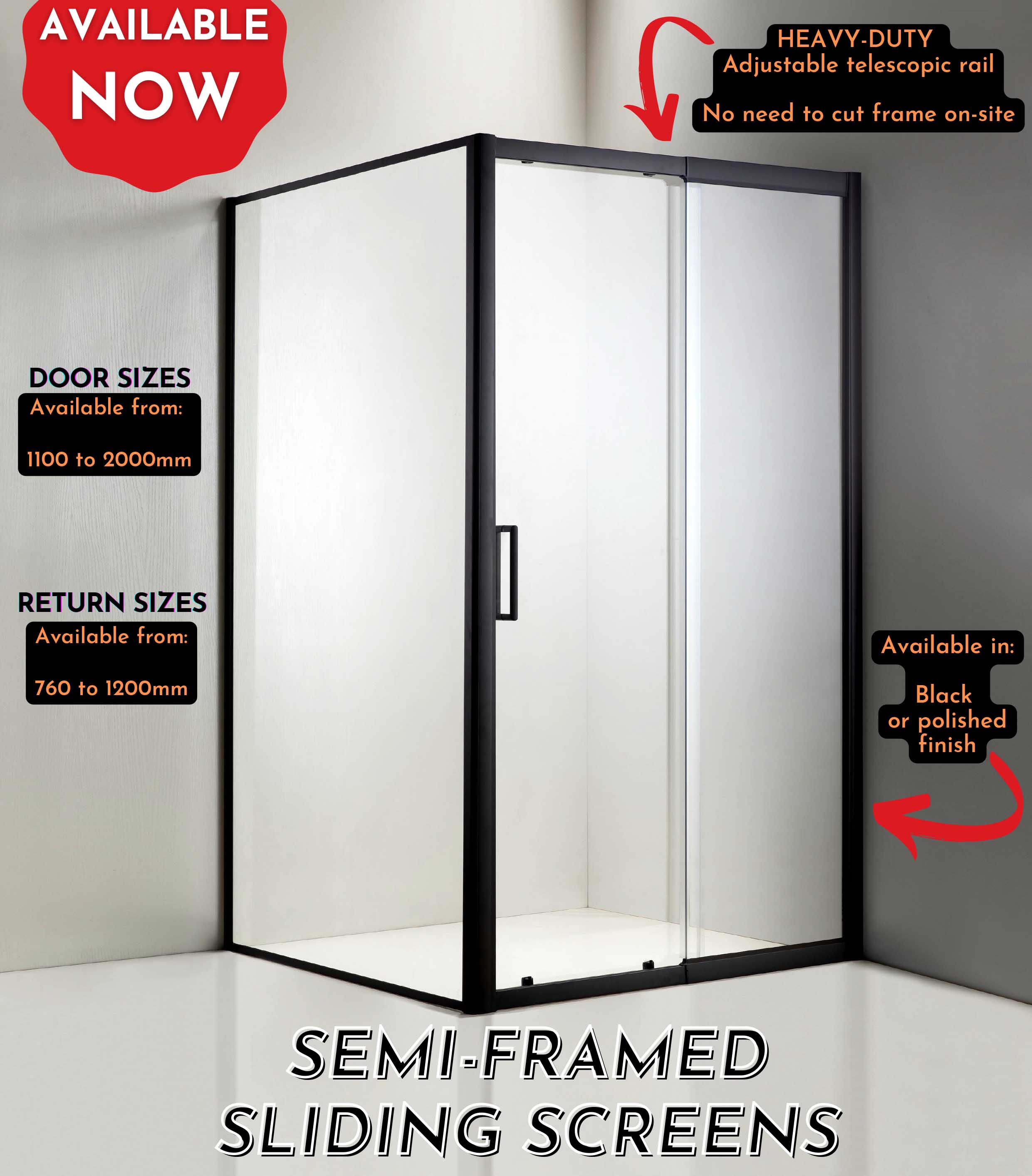 Sliding Semi Framed Shower Screen – Front and Return - Multiple Sizes Showers Shower Screen