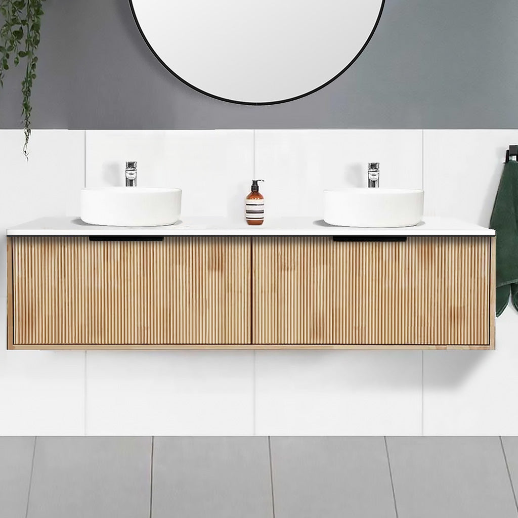 Somer 180cm Timber Wall Hung Double Bathroom Vanity Vanities & Mirrors Arova BLISS Speckled Stone Top 2XCB1108N-Round Gloss White Basin