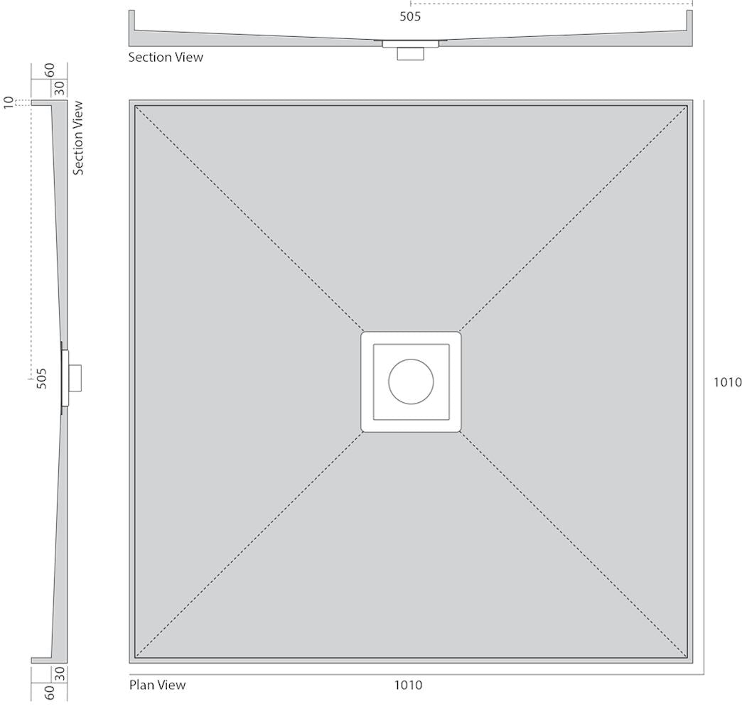 Tiled Shower Base with S/S Plain Lid - Centre Waste Showers Universal Shower Base 1010 x 1010