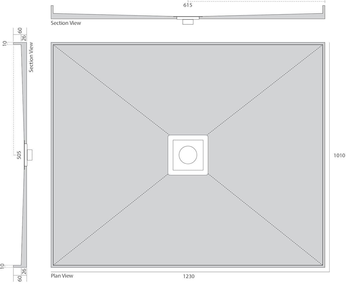 Tiled Shower Base with S/S Plain Lid - Centre Waste Showers Universal Shower Base 1220 x 1010