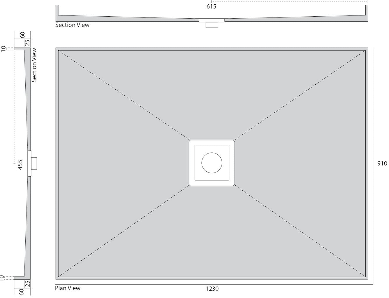 Tiled Shower Base with S/S Plain Lid - Centre Waste Showers Universal Shower Base 1230 x 910