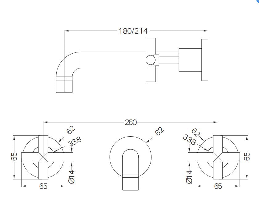 X Plus Wall Basin Set 180mm Spout Matte Black YSW2016-07B-MB Tapware Nero