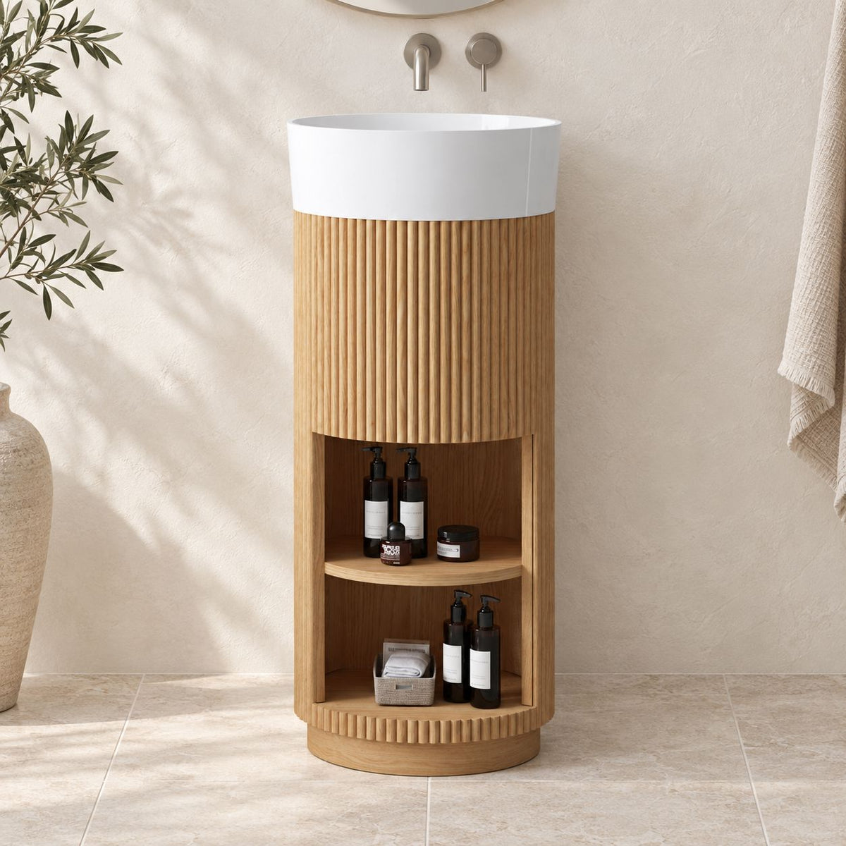 Aero 400mm Small Vanity Natural Oak + White Solid Surface Basin Arova 