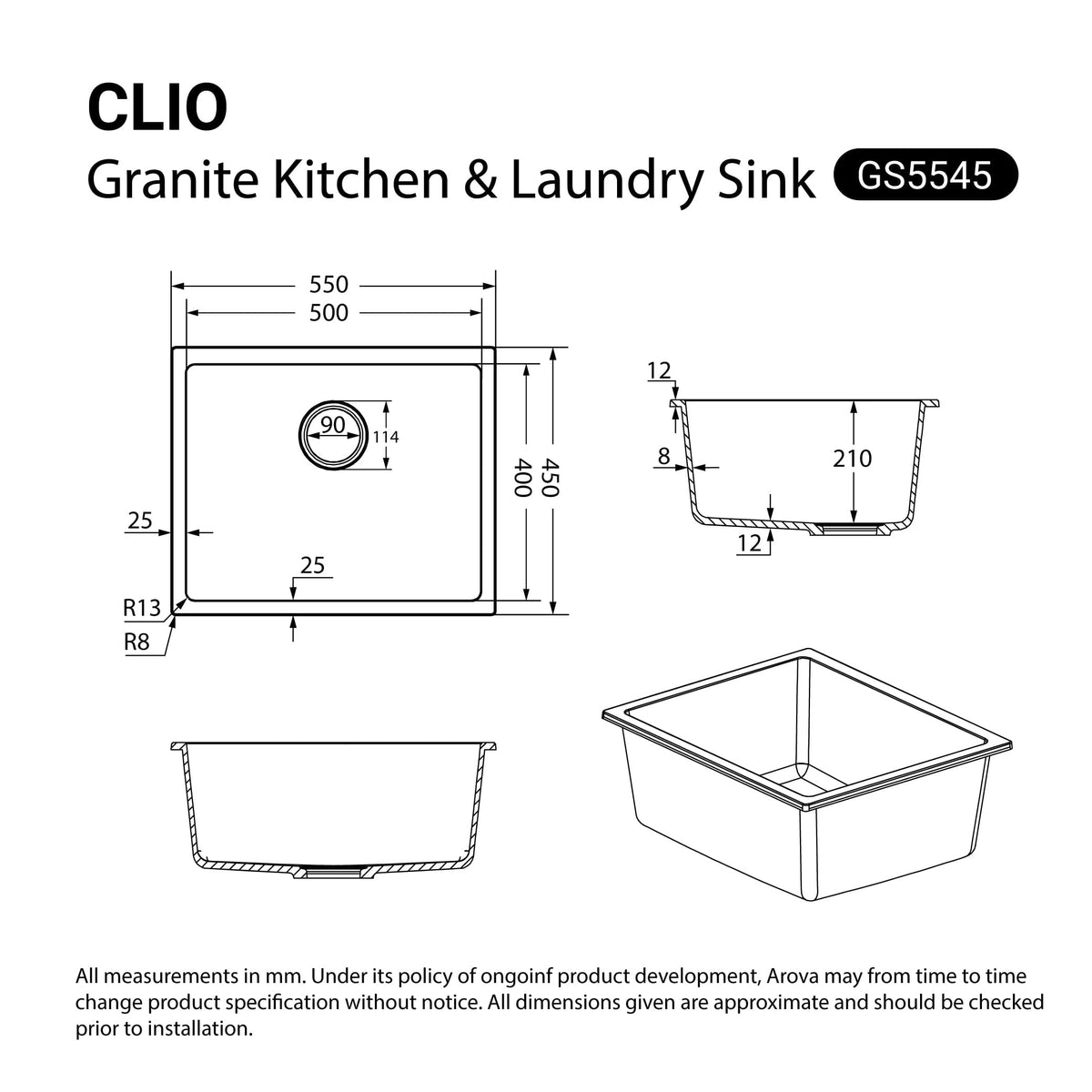 White Granite Stone Kitchen Sink 550x450mm Single Bowl CLIO | Arova ...