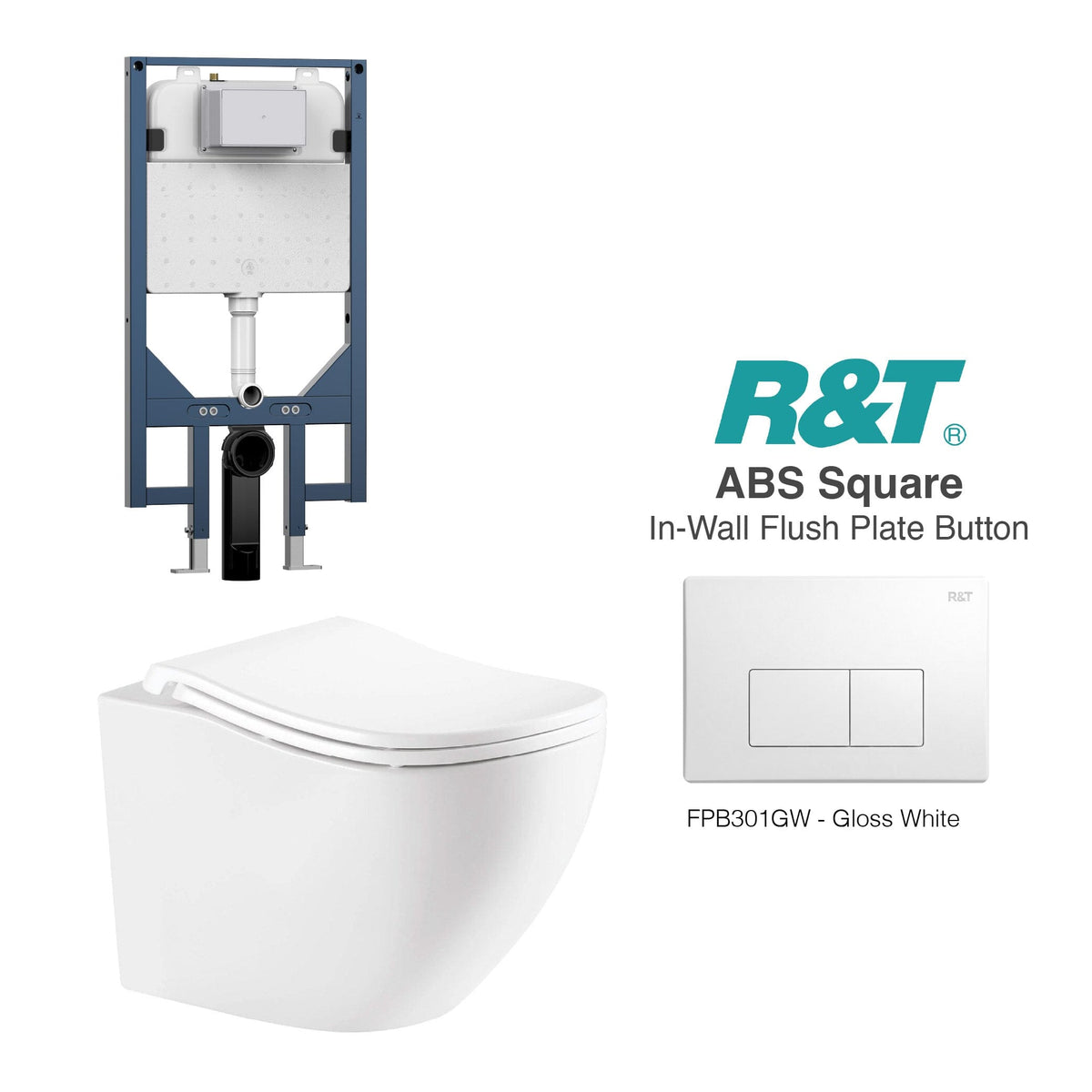 Curve52 Rimless Tornado Wall Hung Toilet Package - R&T Cistern & ABS Square Button Arova Curve52 Ergoflow Wall Hung Toilet Pan CST003 - R&T In Wall Toilet Cistern Gloss White