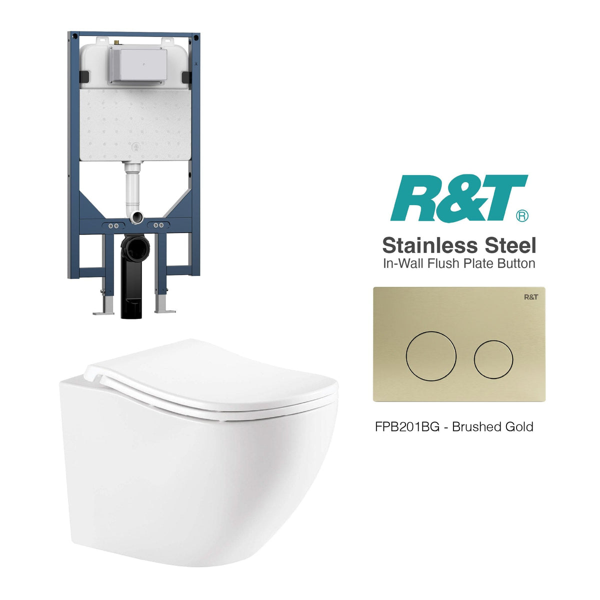 Curve52 Rimless Tornado Wall Hung Toilet Package - R&T Cistern & Stainless Steel Button Arova Curve52 Ergonomic Wall Hung Toilet Pan CST003 - R&T In Wall Toilet Cistern Brushed Gold