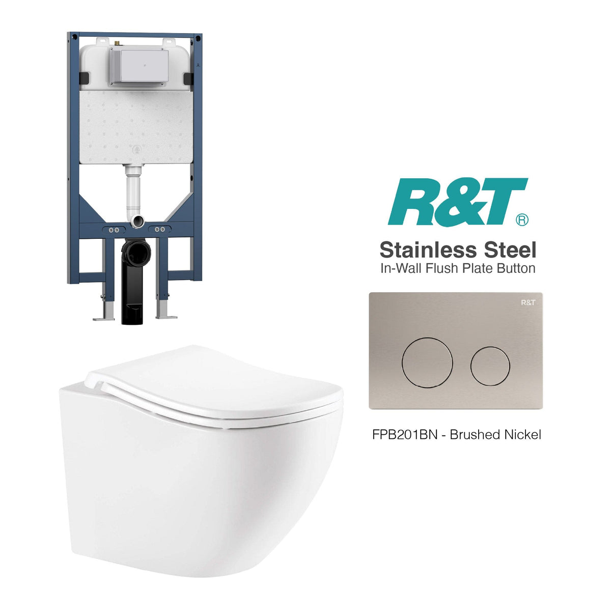 Curve52 Rimless Tornado Wall Hung Toilet Package - R&T Cistern & Stainless Steel Button Arova Curve52 Ergonomic Wall Hung Toilet Pan CST003 - R&T In Wall Toilet Cistern Brushed Nickel