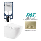 Curve52 Wall Hung Rimless Tornado Toilet Package - R&T Cistern & ABS Round Button Arova Curve52 Ergonomic Wall Hung Toilet Pan CST003 - R&T In Wall Toilet Cistern Brushed Gold
