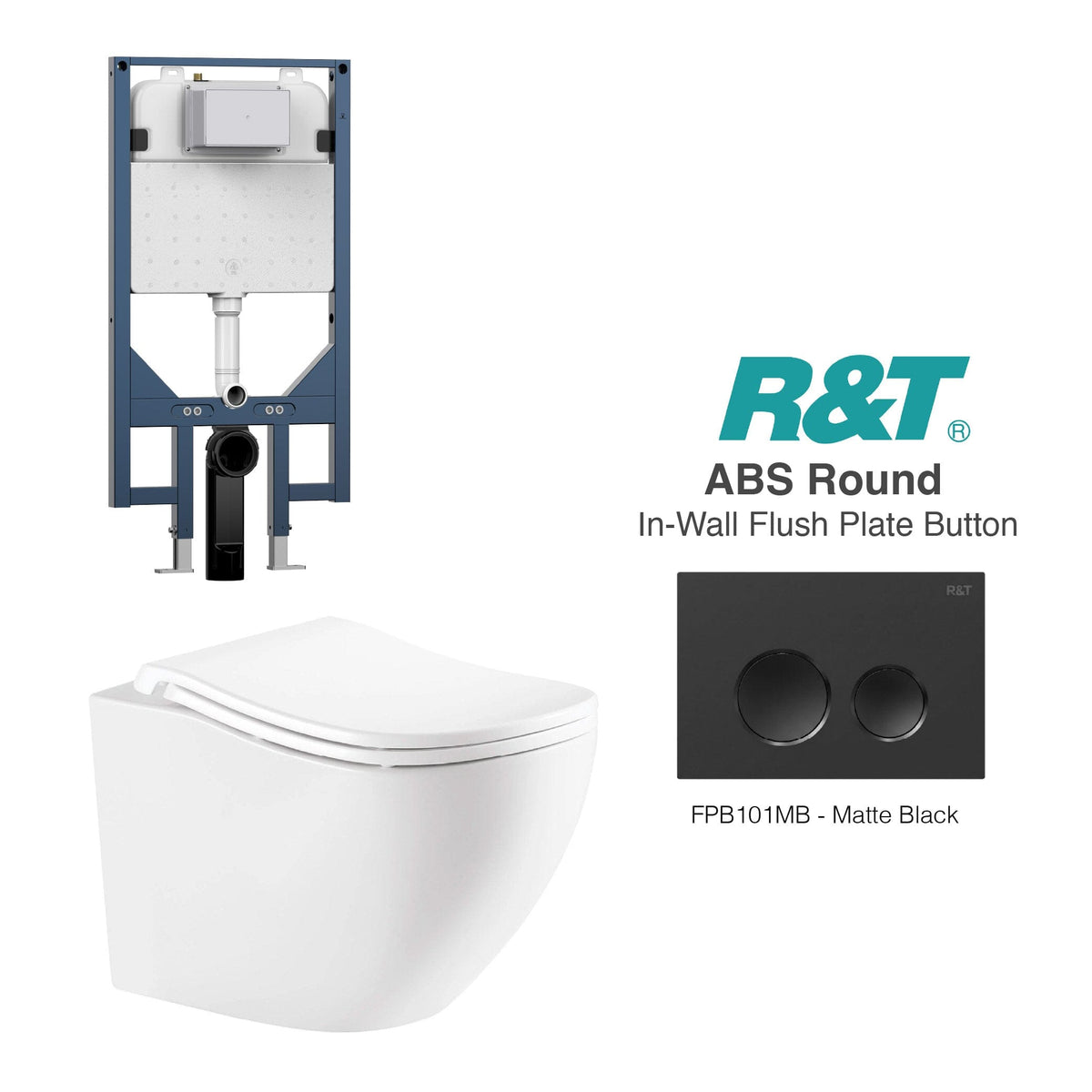 Curve52 Wall Hung Rimless Tornado Toilet Package - R&T Cistern & ABS Round Button Arova Curve52 Ergonomic Wall Hung Toilet Pan CST003 - R&T In Wall Toilet Cistern Matte Black