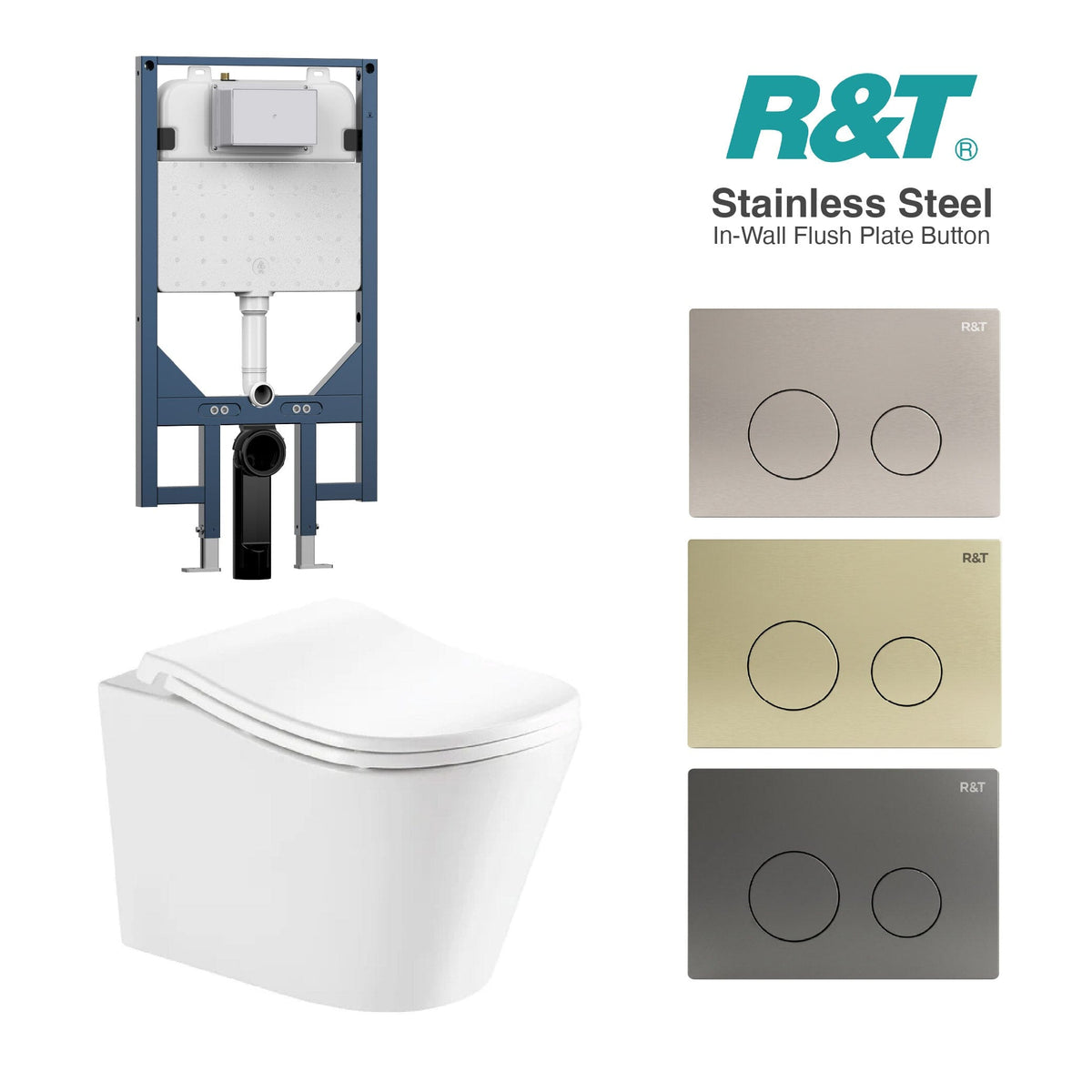 Edge52 Rimless Tornado Wall Hung Toilet Package - R&T Cistern & Stainless Steel Button Arova 