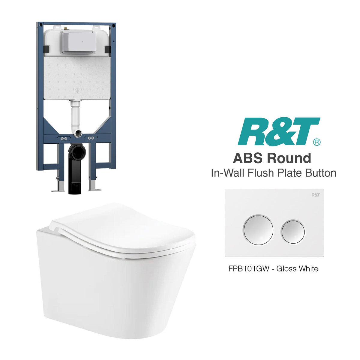 Edge52 Wall Hung Rimless Tornado Toilet Package - R&T Cistern & ABS Round Button Arova Edge52 Ergonomic Wall Hung Toilet Pan CST003 - R&T In Wall Toilet Cistern Gloss White